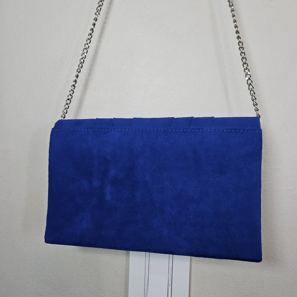 Women's Evening Bag Pleated Envelope Clutch Royal Blue Silver Chain